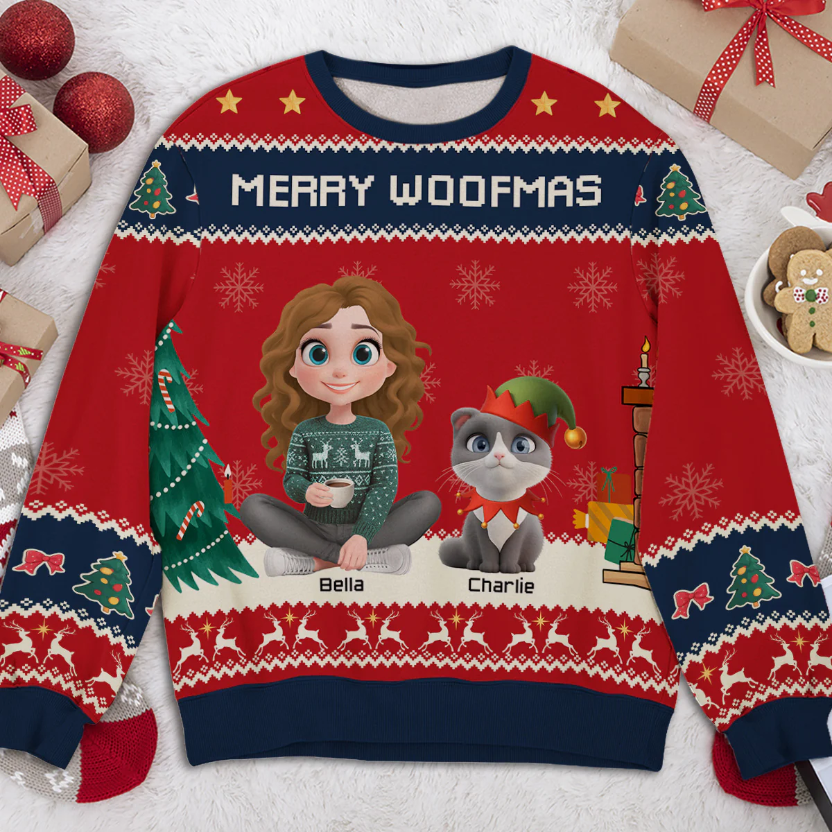 Woof You A Merry Christmas Ver Cat - Personalized Custom All-Over-Print Sweatshirt - Image 2