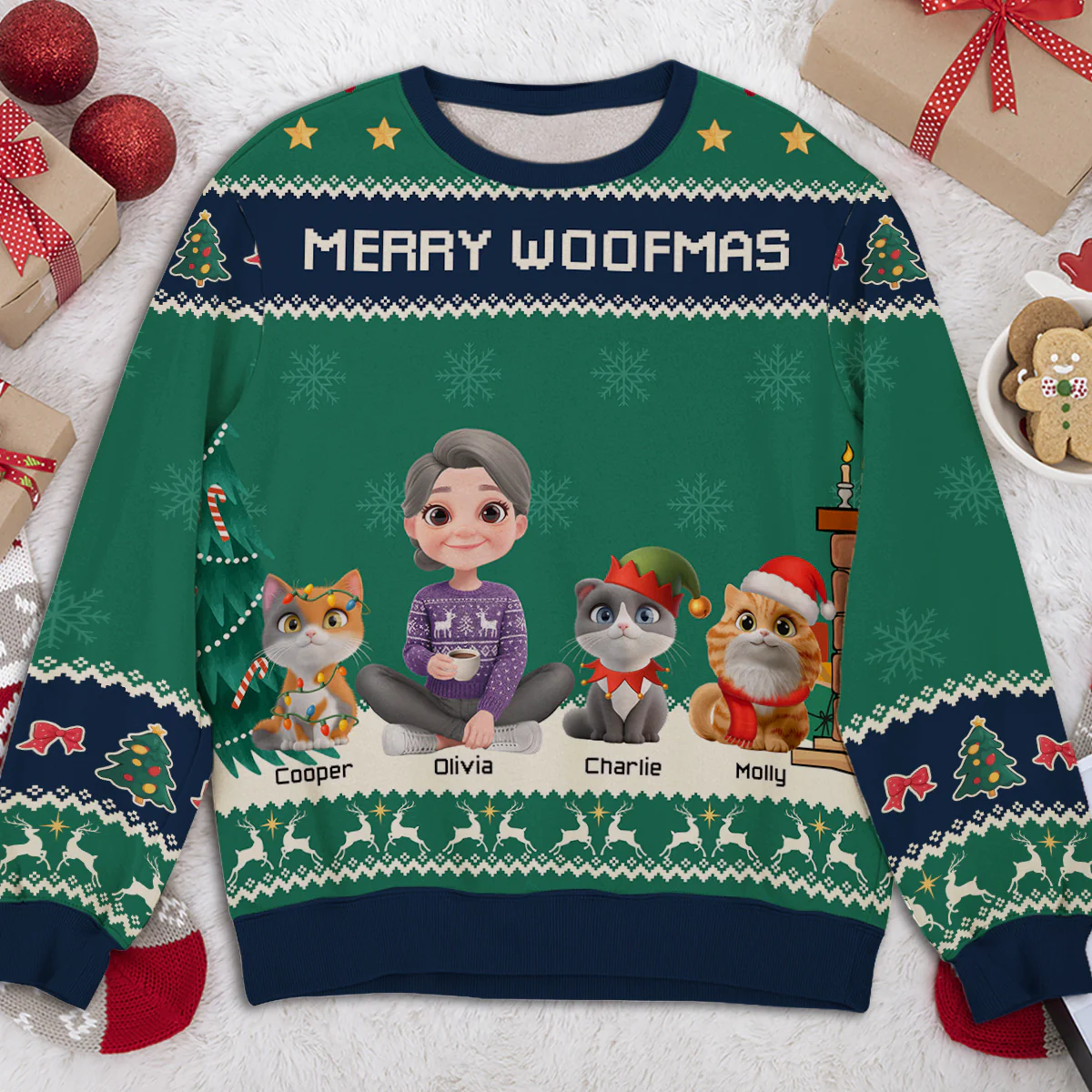 Woof You A Merry Christmas Ver Cat - Personalized Custom All-Over-Print Sweatshirt - Image 3