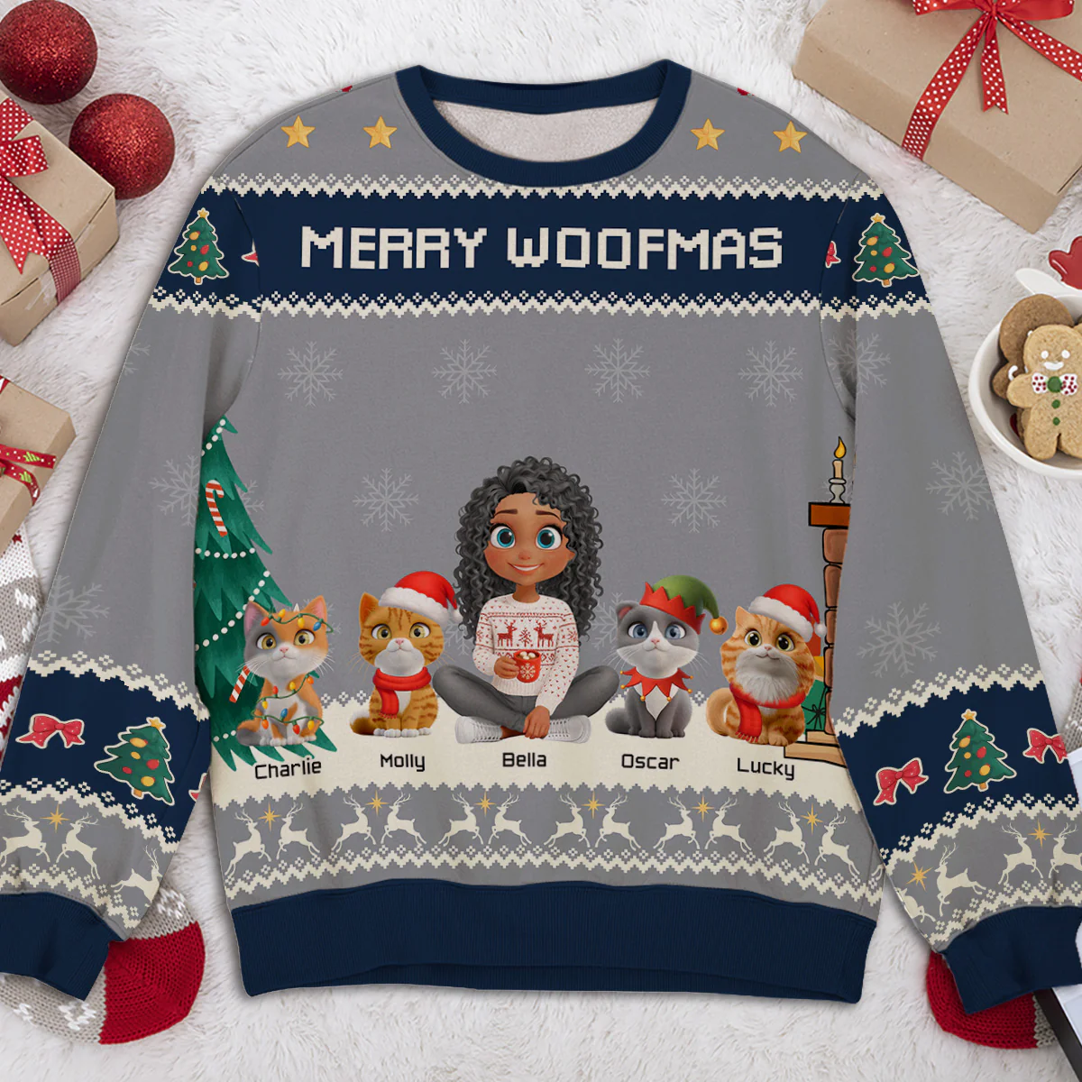 Woof You A Merry Christmas Ver Cat - Personalized Custom All-Over-Print Sweatshirt - Image 4